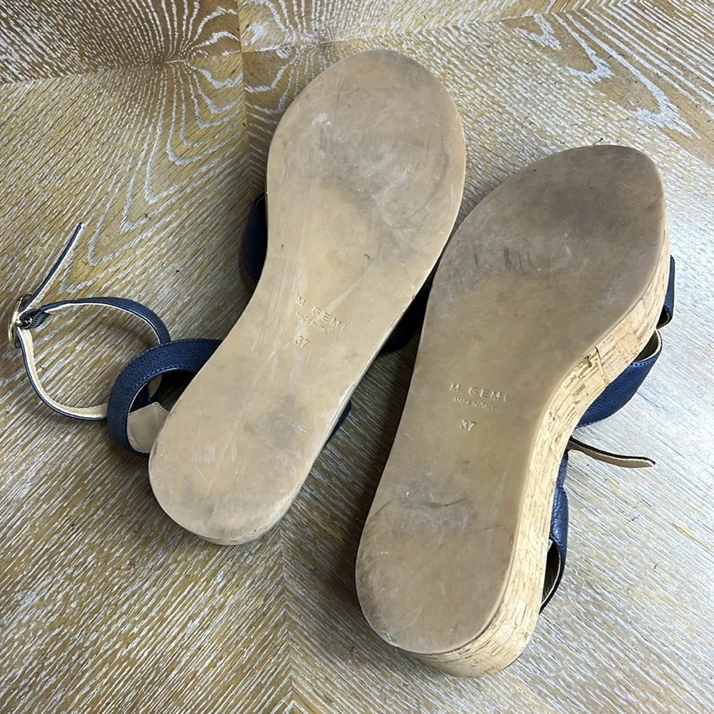 M. GEMI Women's The Linee Blue Leather Platform Cork Wedge Sandals 37